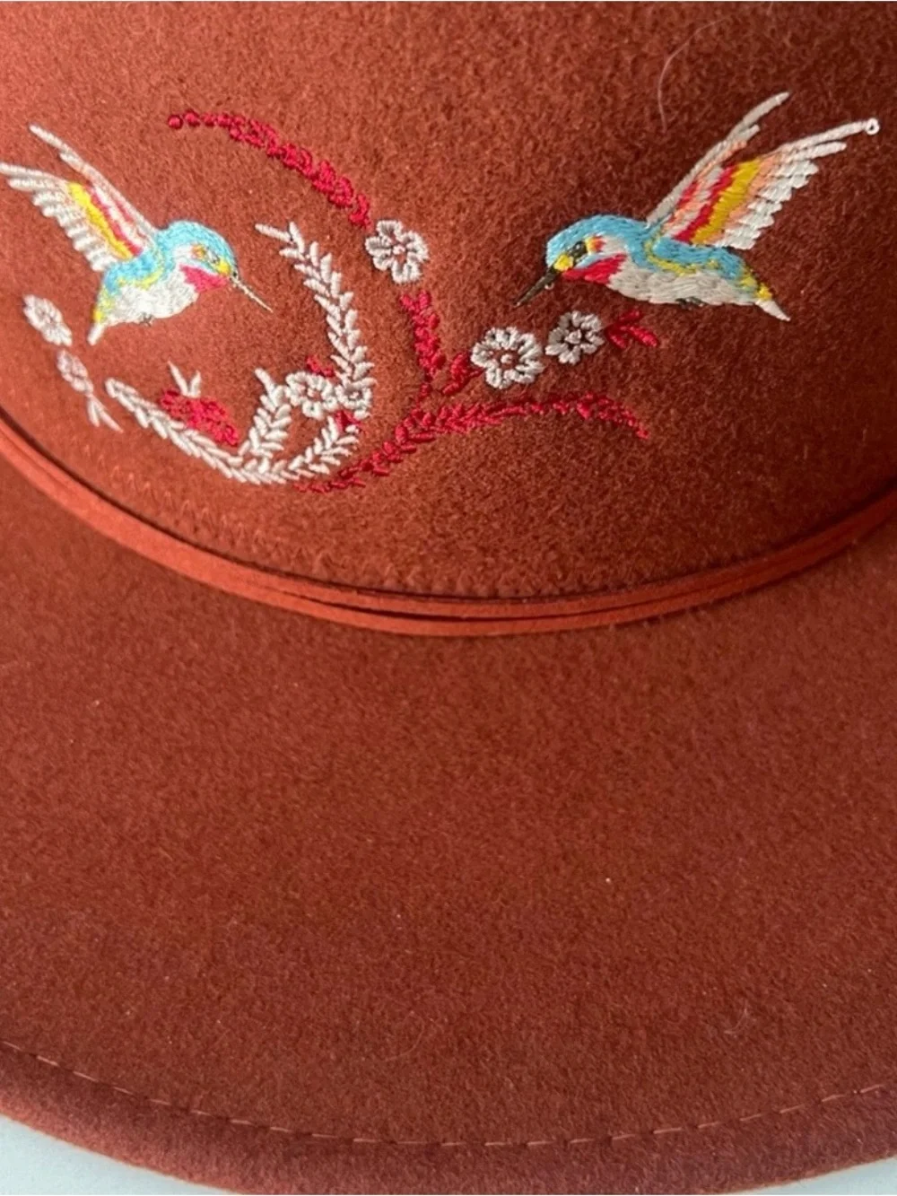 Johnny Was Fedora Hat Rust Color Embroidered Wool with Blue Hummingbird Feather